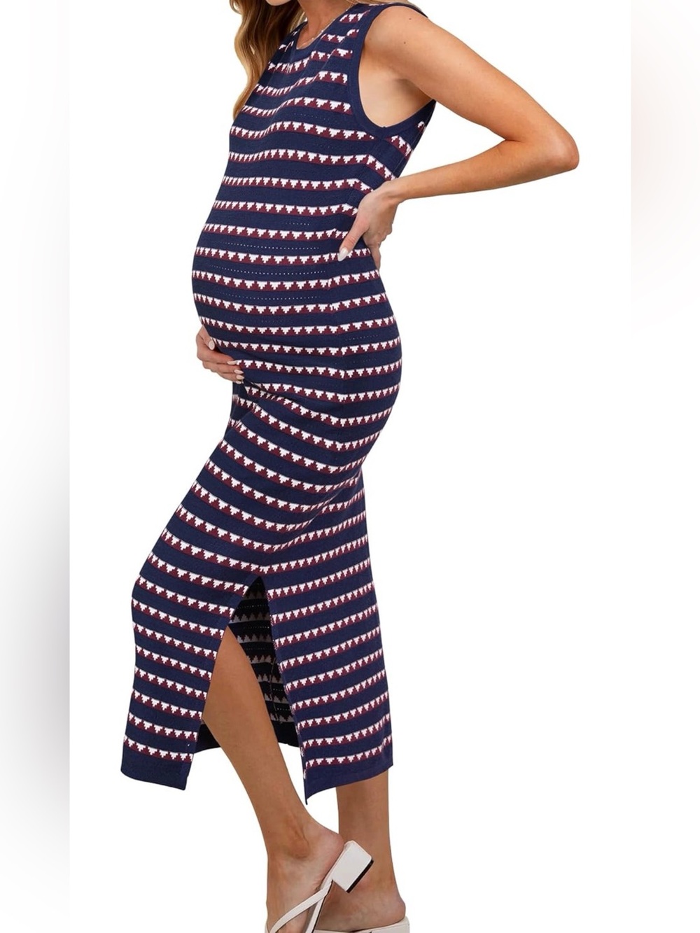 Navy Striped Maternity Maxi Skirt with Side Slit